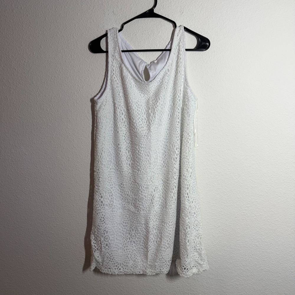 Passports Mini Dress Womens XL White Lined Crochet Lace Overlay Keyhole Back